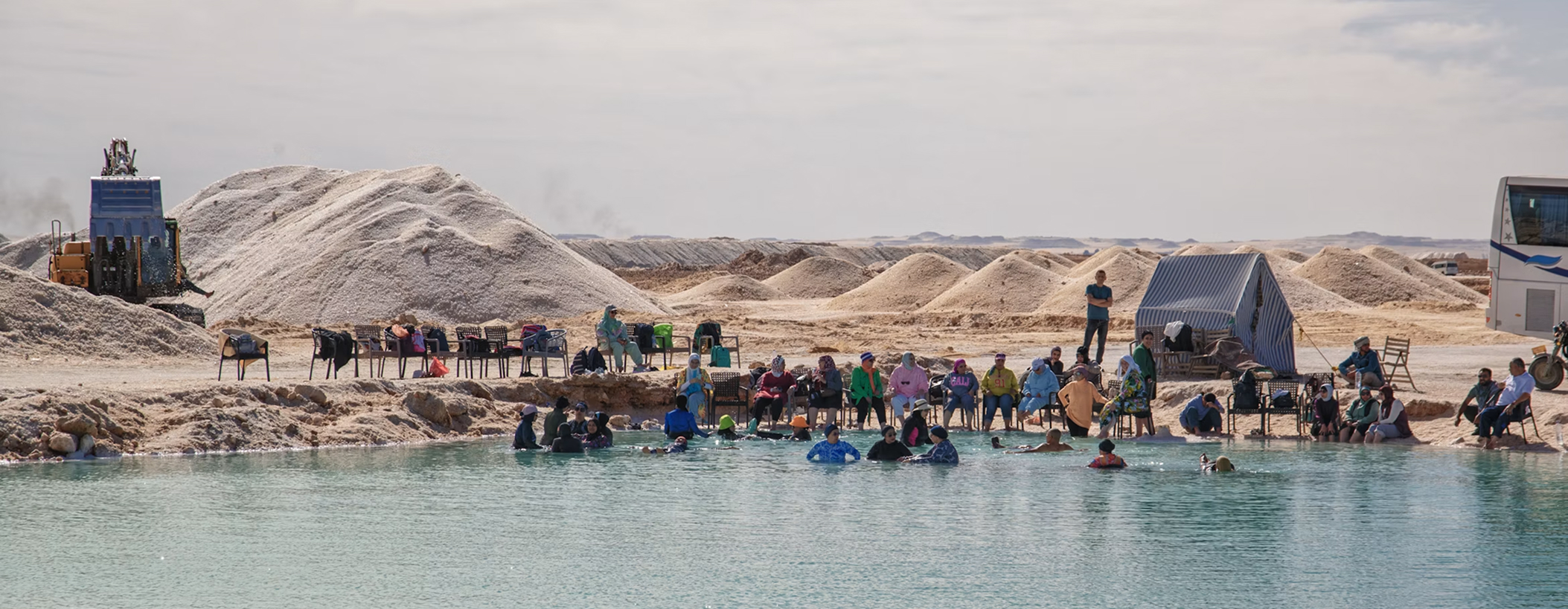 Travelers in a desert salt pool
