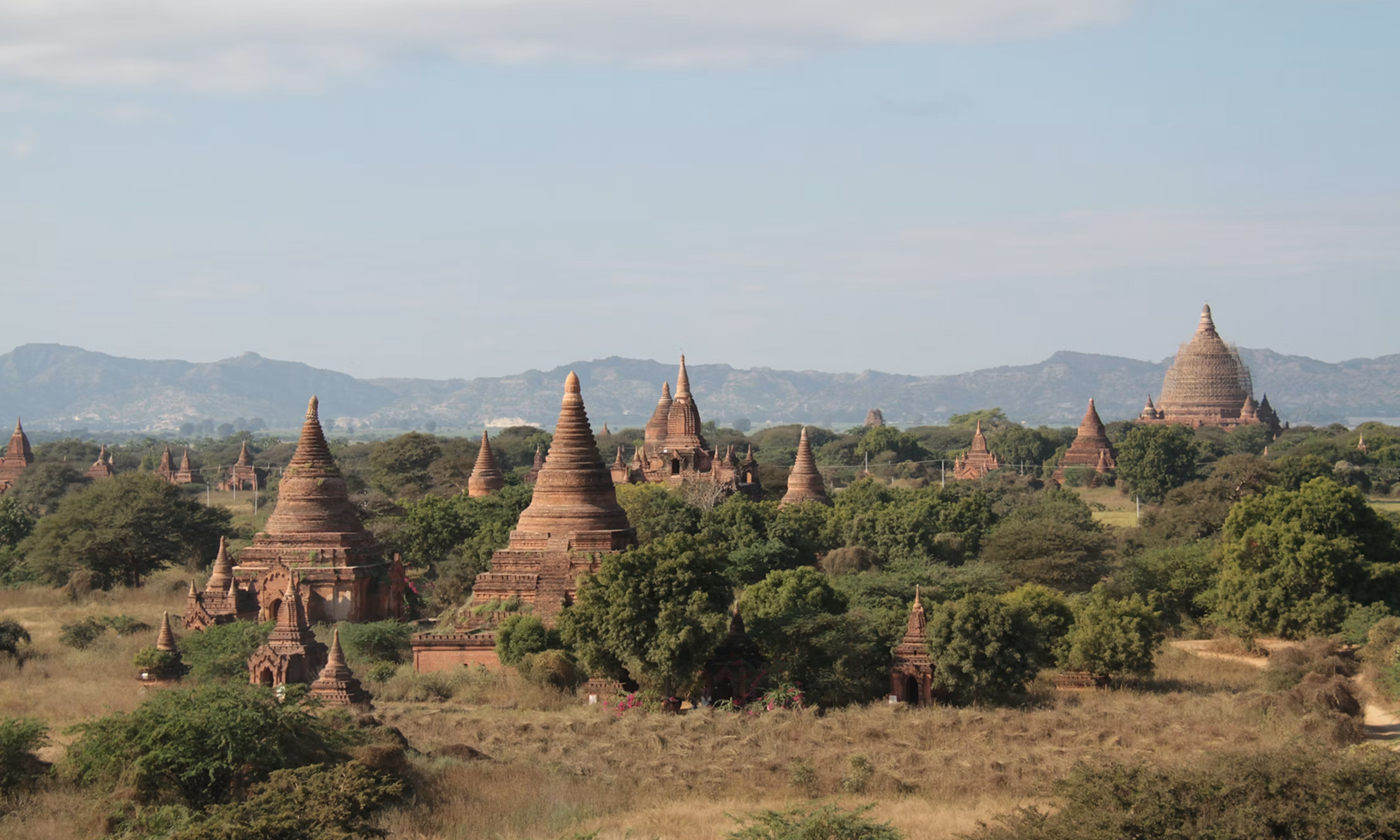 Hot air balloons over the temples of Bagan at sunrise