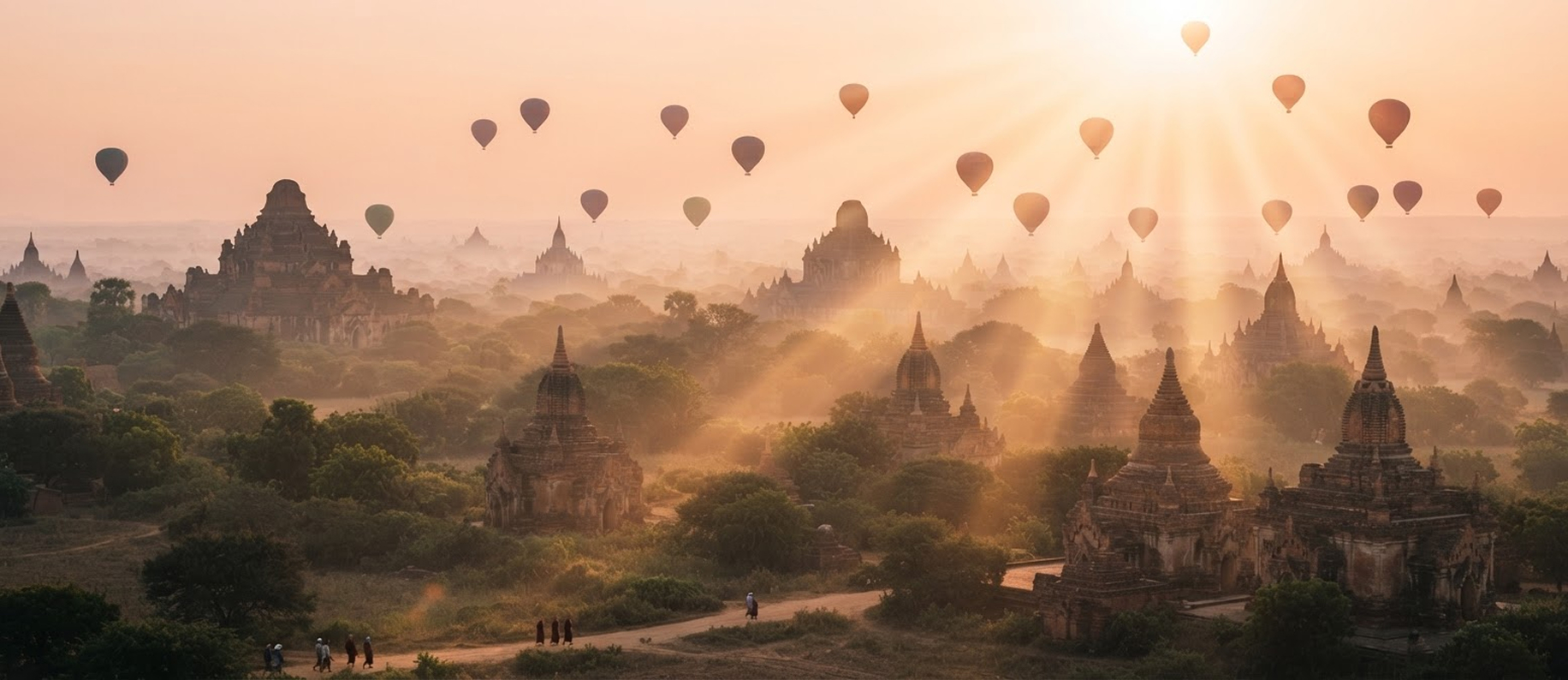 Hot air balloons over the temples of Bagan at sunrise